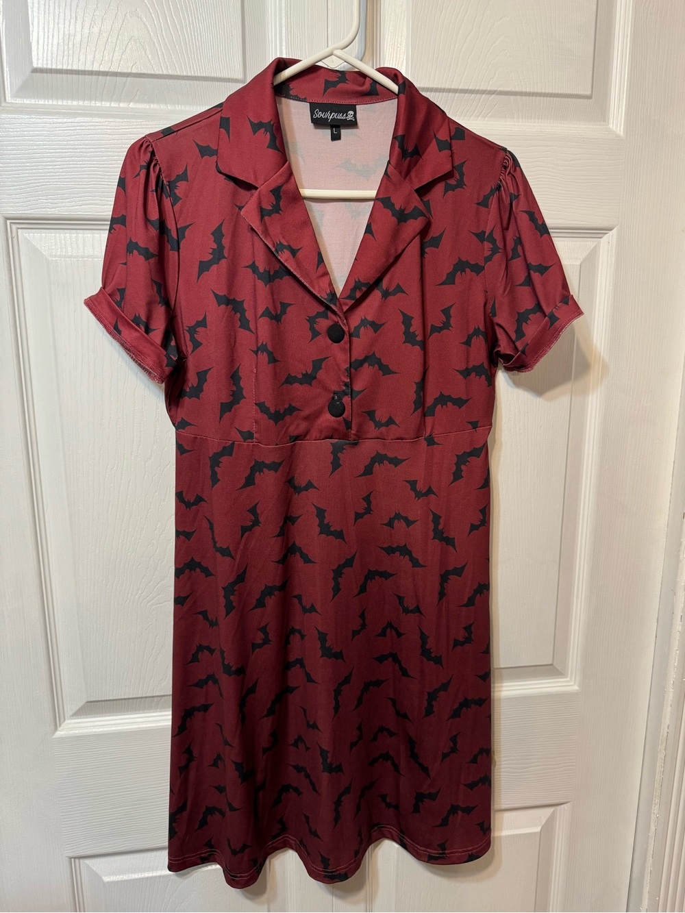Sourpuss Luna Bats Rosie Dress, Burgundy Bat-Print Button Front